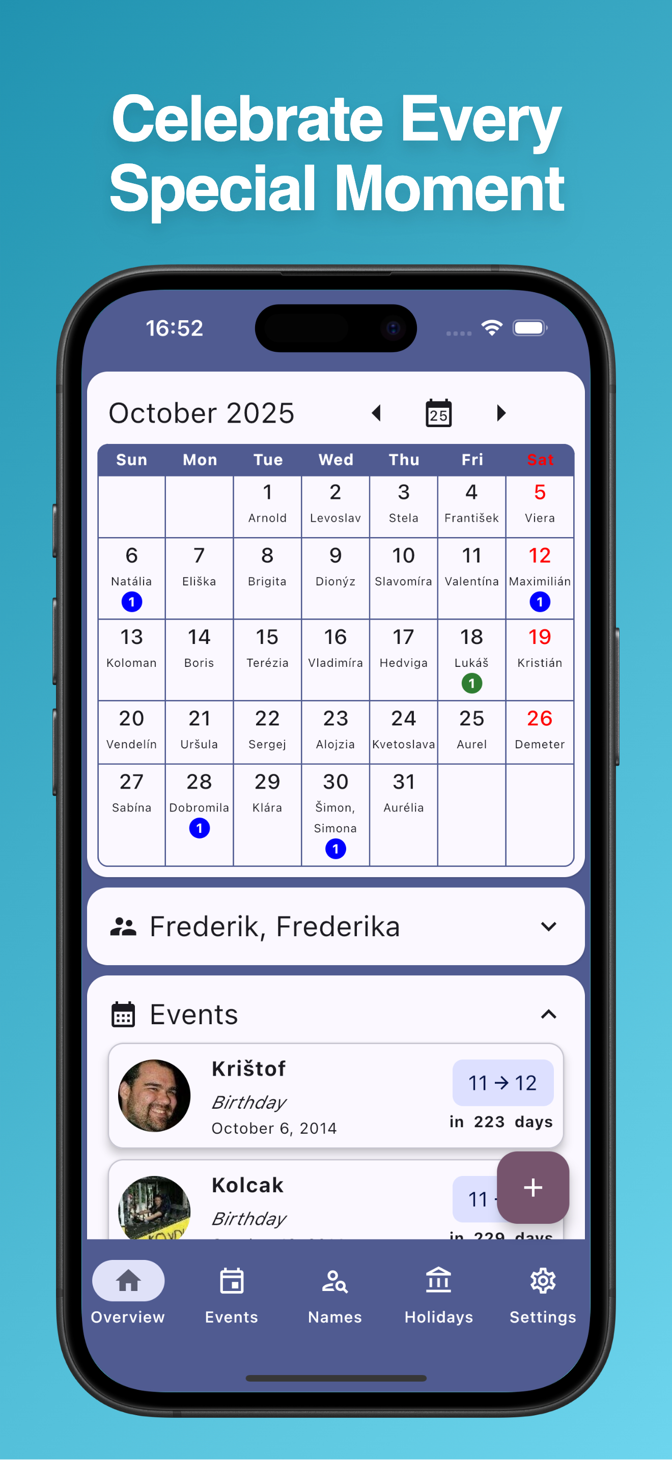 Important Dates app showing a calendar view with various events marked