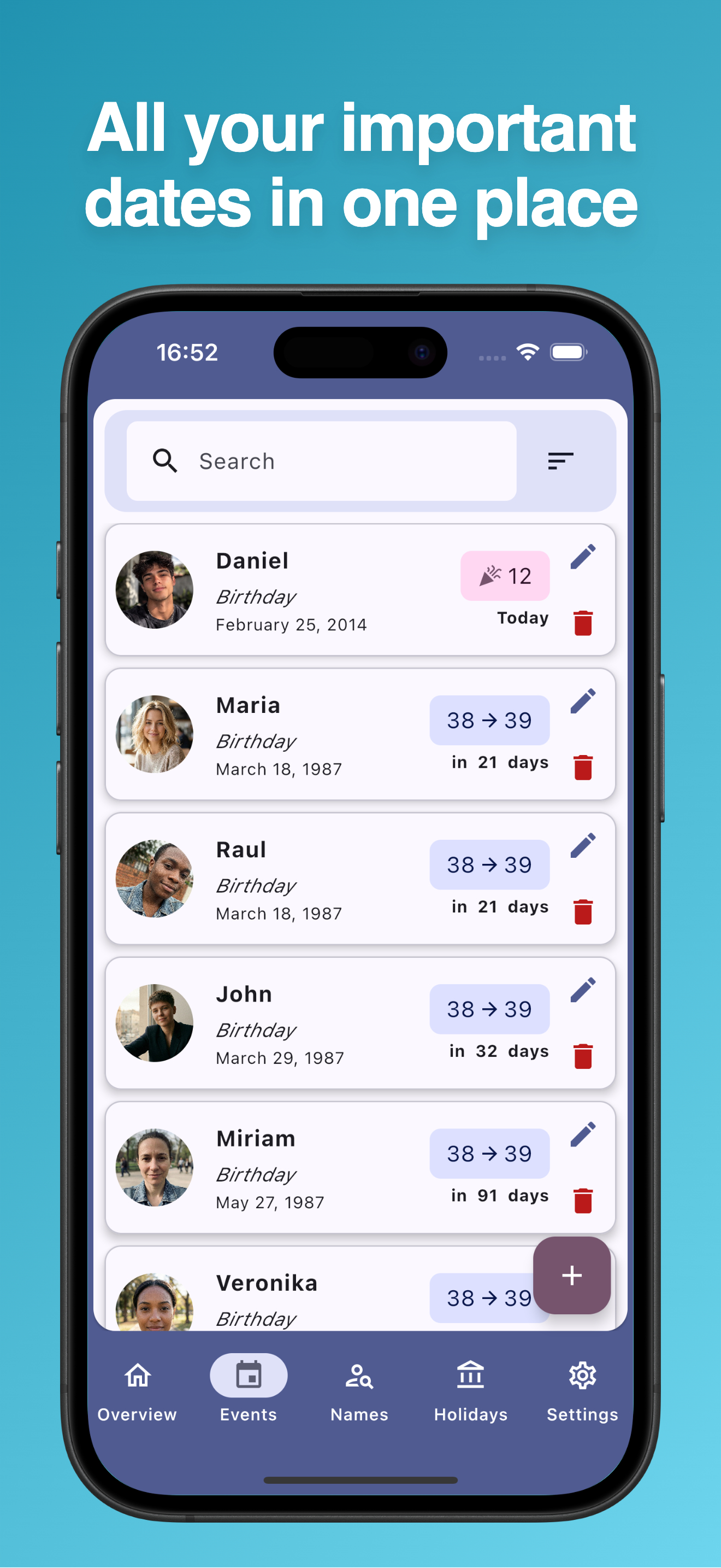 Important Dates app displaying event details and reminder information