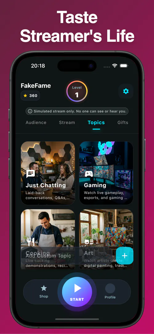 FakeFame app screenshot showing a fake stream interface with reactions and gifts