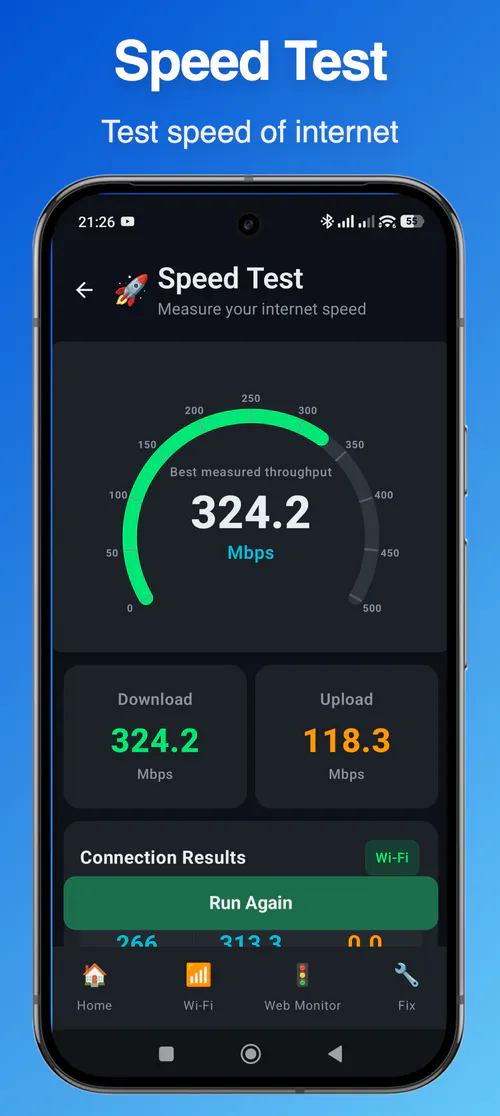 Network Analyzer screenshot showing a mobile network diagnostics dashboard